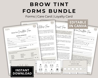 Paket med formulär för brynfärgning, redigerbara mallar för hudvårdspersonal (Canva)