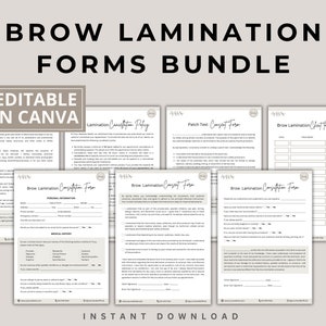 Puede incluir: Un conjunto de cinco formularios imprimibles para servicios de laminación de cejas. Los formularios incluyen una política de consulta de laminación, un formulario de consentimiento para la prueba de parche, un formulario de consulta de laminación de cejas, un formulario de consentimiento para la laminación de cejas y un formulario de historial de registros de clientes de laminación de cejas. Los formularios son editables en Canva y están disponibles para descarga instantánea.