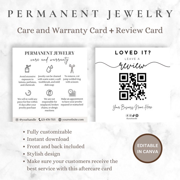 Permanent Jewelry Aftercare, Permanent Jewelry Care Card, Permanent Jewelry Sign, Care Card Canva Template, Jewelry Business Starter Kit