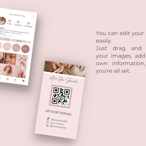Puede incluir: Una tarjeta de visita digital rosa y blanca con un c&oacute;digo QR, el texto "Alice Glow Skincare" y el texto "LET'S GET SOCIAL!" con iconos y nombres de usuario de redes sociales.