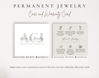 Karta gwarancyjna i pielęgnacji biżuterii na stałe, edytowalna wizytówka, biznesowa oferta biżuterii na stałe, karta gwarancyjna do pielęgnacji biżuterii na stałe, szablon Canva