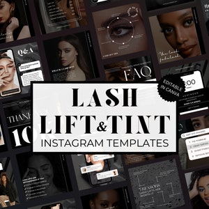 Könnte beinhalten: Eine Sammlung von 100 Schwarzweiß-Instagram-Vorlagen für Wimpernlifting- und -tönungsgeschäfte. Die Vorlagen sind in Canva bearbeitbar und enthalten Text wie "Lash Lift & Tint", "Your Lashes Your Style", "FAQ", "Q&A" und "Vorher & Nachher".