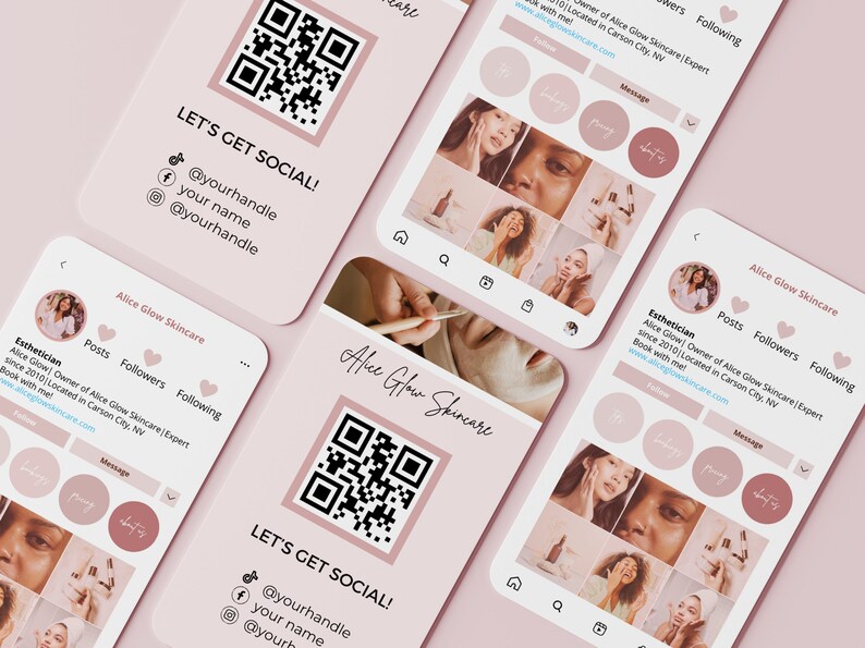 Puede incluir: La pantalla de un tel&eacute;fono m&oacute;vil rosa y blanco que muestra un perfil de redes sociales para Alice Glow Skincare. El perfil incluye un c&oacute;digo QR, un collage de fotos y el texto "LET'S GET SOCIAL!" seguido de identificadores de redes sociales.