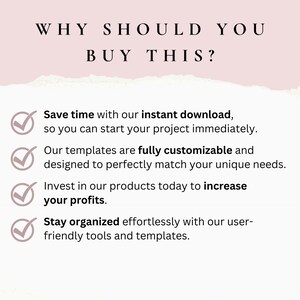 Puede incluir: Un gr&aacute;fico rosa y blanco con una lista de verificaci&oacute;n de razones para comprar un producto. El texto dice "&iquest;POR QU&Eacute; DEBER&Iacute;AS COMPRAR ESTO?" e incluye los siguientes puntos: "Ahorra tiempo con nuestra descarga instant&aacute;nea, para que puedas comenzar tu proyecto de inmediato.", "Nuestras plantillas son totalmente personalizables y est&aacute;n dise&ntilde;adas para que coincidan perfectamente con tus necesidades &uacute;nicas.", "Invierte en nuestros productos hoy para aumentar tus ganancias.", y "Mantente organizado sin esfuerzo con nuestras herramientas y plantillas f&aacute;ciles de usar."