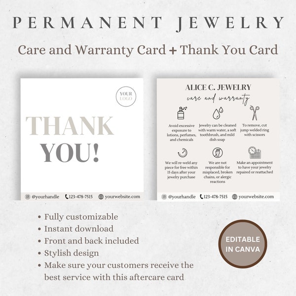 Permanent Jewelry Care Card, Permanent Jewelry Aftercare Card, Permanent Jewelry Warranty, Jewelry Business Kit, Care Card Canva Template