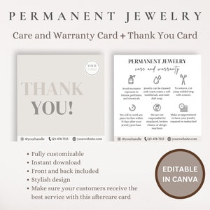 Tarjeta permanente de cuidado de joyería, Tarjeta permanente de cuidado posterior de joyería, Garantía permanente de joyería, Kit de negocios de joyería, Plantillas Canva de tarjeta de cuidado