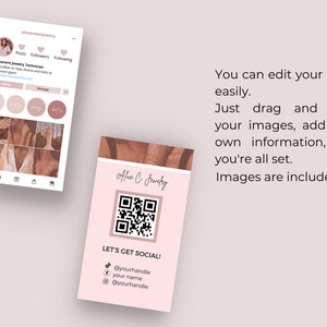 May include: A pink and brown social media card with a QR code, the text "Alice C Jewelry", and the text "LET'S GET SOCIAL!" with social media icons and handles.