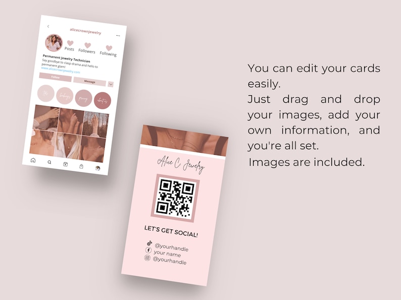 May include: A pink and brown social media card with a QR code, the text "Alice C Jewelry", and the text "LET'S GET SOCIAL!" with social media icons and handles.