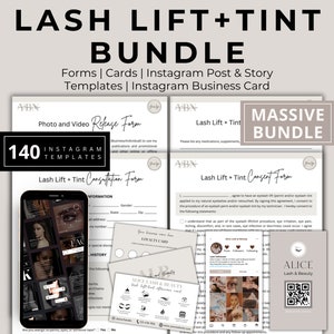 Puede incluir: Un paquete de marketing digital para negocios de lifting y tinte de pestañas. El paquete incluye 140 plantillas de Instagram, formularios, tarjetas y una tarjeta de visita. La imagen muestra una pantalla de teléfono que muestra las plantillas, un formulario de consulta, un formulario de consentimiento, una tarjeta de fidelización y una tarjeta de visita.
