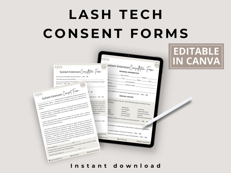 May include: Editable lash extension consent forms in Canva. The forms include a consultation form and a consent form. The forms are designed for lash technicians and are available for instant download.