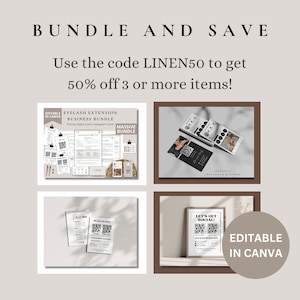 May include: A digital marketing bundle for eyelash extension businesses. The bundle includes editable templates for forms, signs, cards, and Instagram graphics. The text "Editable in Canva" is displayed in a circle. The text "Use the code LINEN50 to get 50% off 3 or more items!" is displayed at the top of the image.