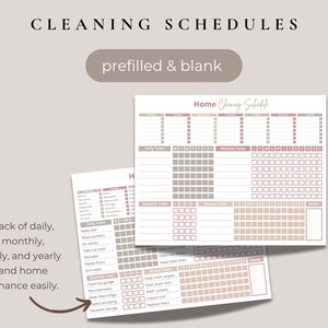 May include: Two printable cleaning schedule templates. One template is pre-filled with a list of daily, weekly, monthly, quarterly, and yearly cleaning tasks. The other template is blank. Both templates are in a light pink and gray color scheme.