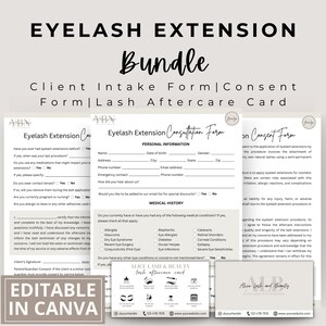 Formulaires d'extension de cils, formulaire de consentement, formulaires d'esthéticienne, fiche soin des cils, formulaire client pour cils, consultation de cils, modèle Lash Tech Canva