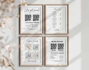 May include: Four framed signs with black text on a white background. The signs are for a jewelry business and include information about social media, a price list, customer favorites, and how to scan to pay. The signs include QR codes, social media handles, and payment methods.
