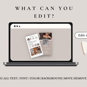 May include: A laptop screen displaying a mock-up of a social media post and a business card. The post features a photo of a woman with a caption about "Light & Beauty". The business card has a QR code and the text "Light & Beauty". The text "Edit now" is displayed on a button with a white arrow pointing to the right.