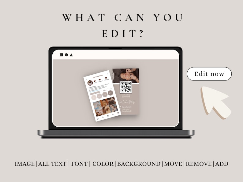 May include: A laptop screen displaying a mock-up of a social media post and a business card. The post features a photo of a woman with a caption about "Light & Beauty". The business card has a QR code and the text "Light & Beauty". The text "Edit now" is displayed on a button with a white arrow pointing to the right.