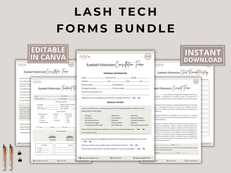 May include: A set of four printable forms for lash technicians. The forms are titled "Eyelash Extension Consultation Form", "Eyelash Extension Treatment Record", "Eyelash Extension Consent Form", and "Eyelash Extension Client Record/History". The forms are editable in Canva and are available for instant download.