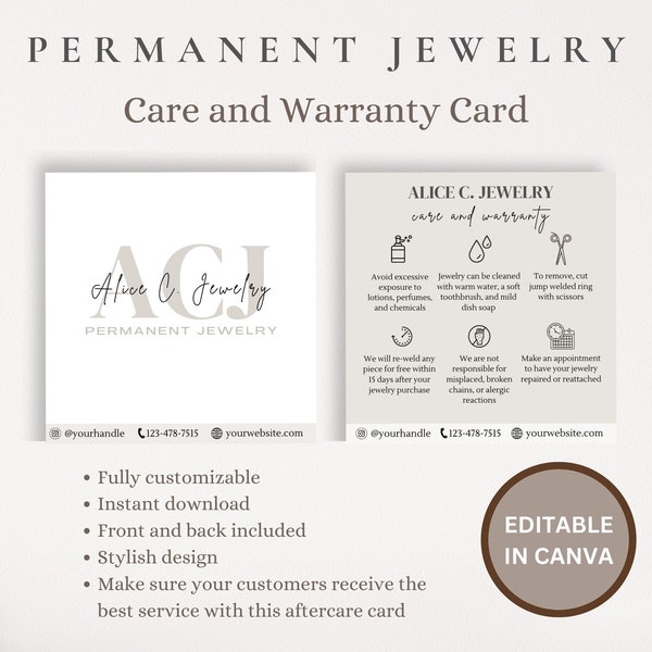 Permanent Jewelry Care Card, Permanent Jewelry Warranty Card, Permanent Jewelry Business, Permanent Jewelry Care and Business Cards