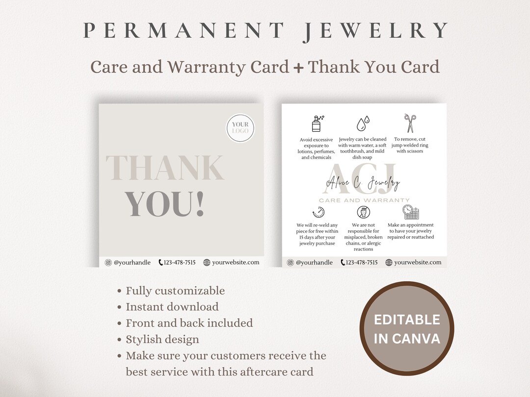 Permanent Jewelry Aftercare Card Permanent Jewelry Warranty Etsy