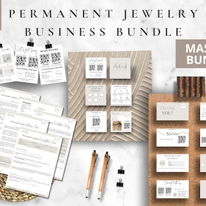 May include: A collection of printable business templates for a permanent jewelry business. The templates include a price list, customer favorites, a "Let's get sparkly" flyer, a "Scan to Pay" flyer, a loyalty card, a thank you card, a review card, and a consultation form. The templates are designed in a minimalist style with a neutral color palette.