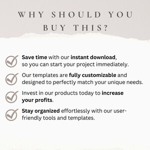 Op de afbeelding: Een lichtbeige afbeelding met de tekst "WAAROM ZOU U DIT KOPEN?" en opsommingstekens. De opsommingstekens benadrukken de voordelen van het product, waaronder tijdbesparing, aanpasbaarheid, winstverhoging en georganiseerd blijven.