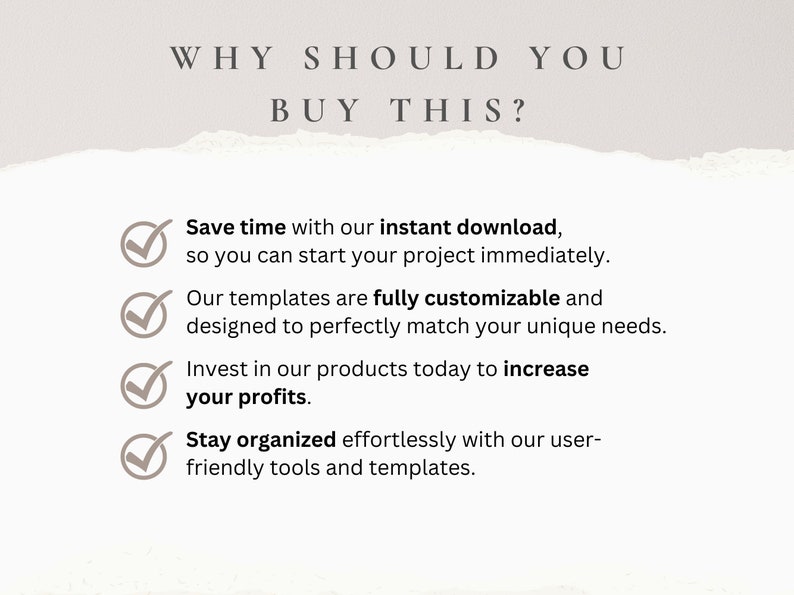 Op de afbeelding: Een lichtbeige afbeelding met de tekst "WAAROM ZOU U DIT KOPEN?" en opsommingstekens. De opsommingstekens benadrukken de voordelen van het product, waaronder tijdbesparing, aanpasbaarheid, winstverhoging en georganiseerd blijven.