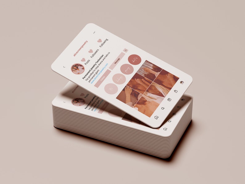 May include: A close-up of a mobile phone screen displaying a social media profile for a business called "alicecrownjewelry". The profile states "Permanent Jewelry Technician" and includes a website address. The profile picture shows a woman with long brown hair wearing a white shirt. The profile has a grid of nine photos, all of which are in a warm, earthy color palette.