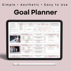 May include: A digital goal planner on a tablet screen with a white stylus. The planner has sections for goal tracking, daily tasks, and progress updates. The planner has a simple, aesthetic design.