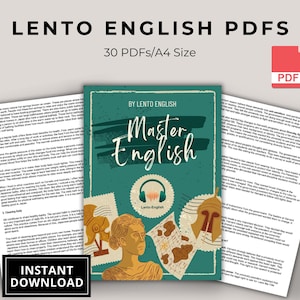 Op de afbeelding: Een digitaal downloadproduct met een turquoise omslag met de titel "Master English" en de woorden "Lento English PDFs" bovenaan. Het bevat 30 PDF's in A4-formaat en is direct te downloaden.