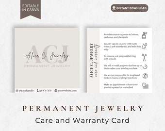 Nachsorge-Karte für dauerhaften Schmuck, Pflege-Karte für dauerhaften Schmuck, Geschäft für dauerhaften Schmuck, Garantiekarte, dauerhaftes Armband, Canva-Vorlage
