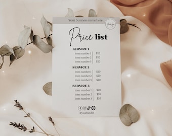 Prislistemall, redigerbar prislisteskylt, skönhetssalong, hårspa, nagelprislista, utskrivbar, prisguide för småföretag, prislista