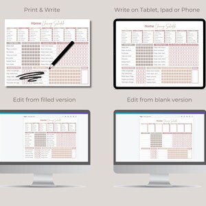 May include: A digital printable cleaning schedule with a pink and gray color scheme. The schedule is divided into daily, weekly, and monthly tasks. The image shows four different ways to use the schedule: print and write, edit from a filled version, edit from a blank version, and write on a tablet, iPad, or phone.
