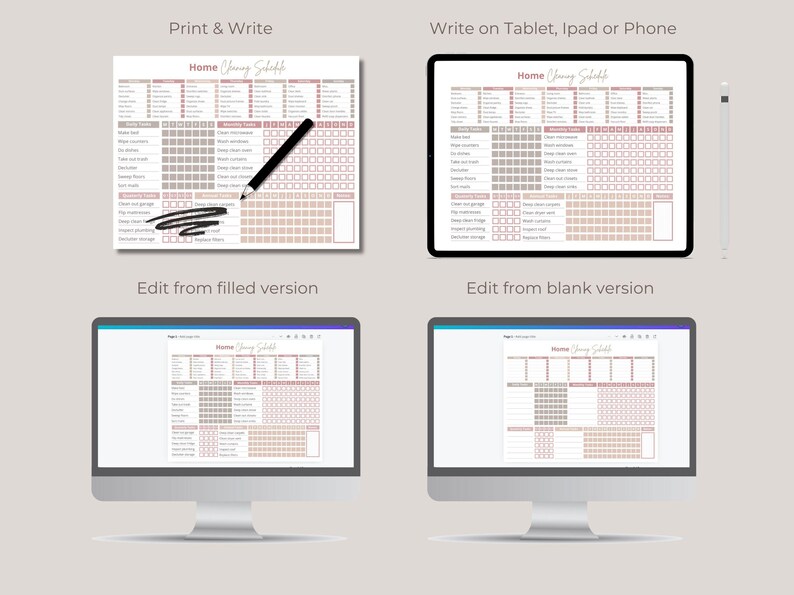 May include: A digital printable cleaning schedule with a pink and gray color scheme. The schedule is divided into daily, weekly, and monthly tasks. The image shows four different ways to use the schedule: print and write, edit from a filled version, edit from a blank version, and write on a tablet, iPad, or phone.