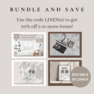 Puede incluir: Un collage de cuatro im&aacute;genes que muestran plantillas de negocios editables para extensiones de pesta&ntilde;as. Las plantillas incluyen formularios, letreros, tarjetas y gr&aacute;ficos de Instagram. El texto "Editable in Canva" y "Use the code LINEN50 to get 50% off 3 or more items!" se muestra en la imagen.