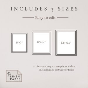Op de afbeelding: Afbeelding met drie ingelijste sjablonen in de maten 12,7 cm x 17,8 cm, 20,3 cm x 25,4 cm en 21,6 cm x 27,9 cm. De tekst "INCLUDES 3 SIZES" en "Easy to edit" staan boven de frames. Het Linen Paper-logo staat onderaan.