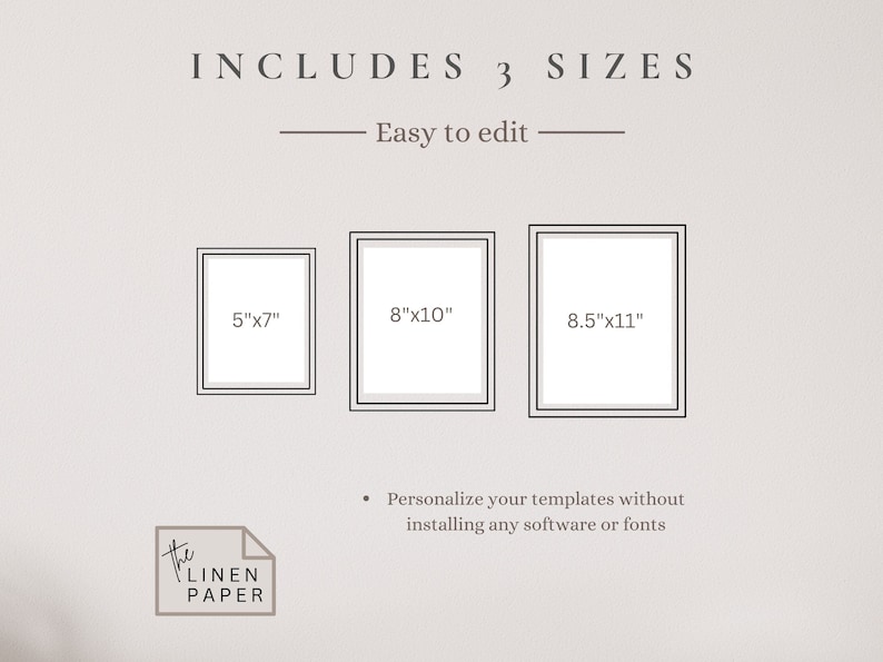 Op de afbeelding: Afbeelding met drie ingelijste sjablonen in de maten 12,7 cm x 17,8 cm, 20,3 cm x 25,4 cm en 21,6 cm x 27,9 cm. De tekst "INCLUDES 3 SIZES" en "Easy to edit" staan boven de frames. Het Linen Paper-logo staat onderaan.