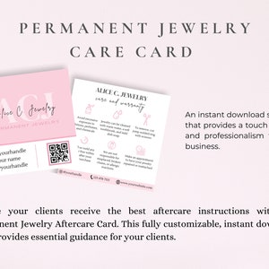 Pu&ograve; includere: Un biglietto di cura stampabile rosa e bianco per gioielli permanenti. La carta include istruzioni per la pulizia e la cura dei gioielli, nonch&eacute; informazioni di contatto per l'azienda. La carta include anche un codice QR e maniglie di social media.