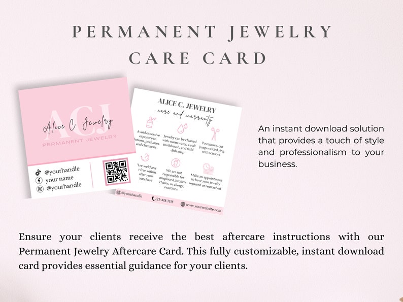Pu&ograve; includere: Un biglietto di cura stampabile rosa e bianco per gioielli permanenti. La carta include istruzioni per la pulizia e la cura dei gioielli, nonch&eacute; informazioni di contatto per l'azienda. La carta include anche un codice QR e maniglie di social media.