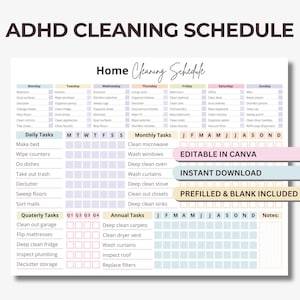 Checklist Schoonmaakschema ADHD-schoonmaakplanner Huishouden Gezin Kinderen Klusjeslijst Dagelijks Wekelijks Maandelijks Jaarlijks Huisplanner Bewerkbaar