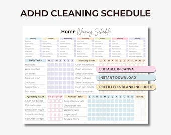 ADHD Cleaning Schedule Checklist: Home Chores Planner (Editable Canva Template)