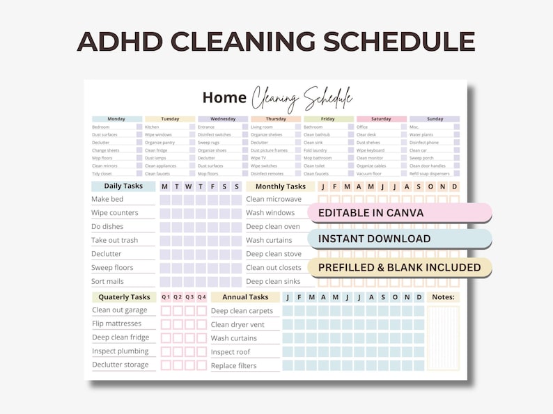 ADHD Cleaning Schedule Checklist: Home Chores Planner (editable Canva ...