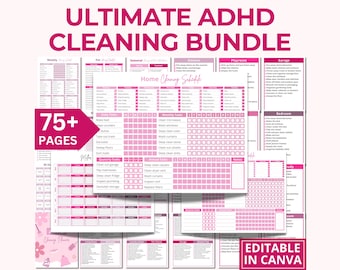 May include: A pink and white printable cleaning schedule bundle for people with ADHD. The bundle includes 75+ pages of checklists for weekly, monthly, and quarterly cleaning tasks. The text "Ultimate ADHD Cleaning Bundle" is at the top of the image. The text "Editable in Canva" is at the bottom of the image.