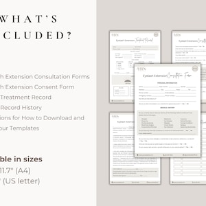 May include: A set of printable forms for eyelash extension businesses. The forms include a consultation form, consent form, treatment record, client history record, and directions for downloading and editing the templates. The forms are available in 8.3" x 11.7" (A4) and 8.5" x 11" (US letter) sizes.