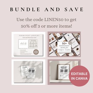May include: A collage of four images showcasing editable templates for social media and business branding. The templates feature a care and warranty card for jewelry, a collection of Instagram story templates, a price list, and a social media QR code. The text "EDITABLE IN CANVA" is displayed in a pink circle.