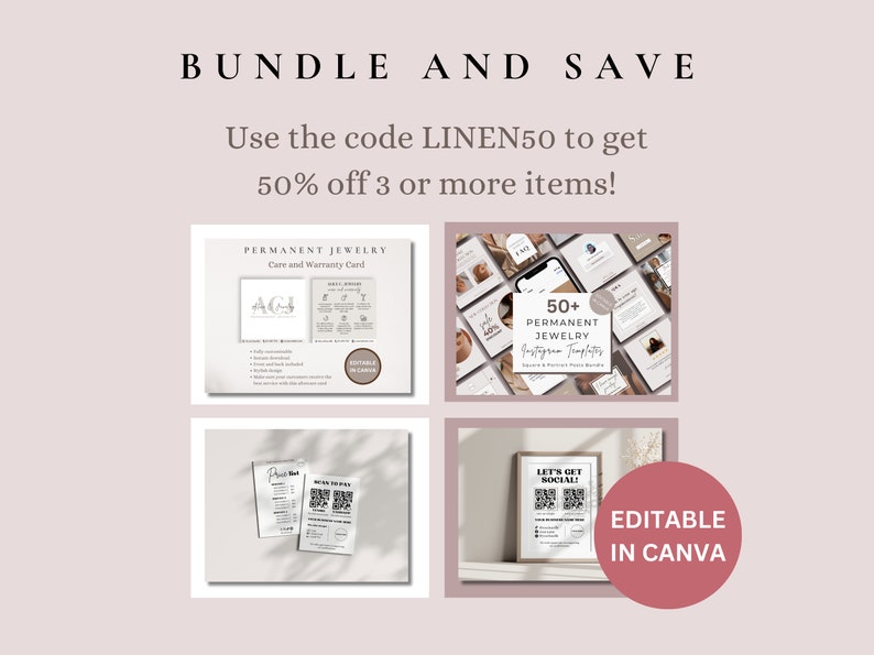 May include: A collage of four images showcasing editable templates for social media and business branding. The templates feature a care and warranty card for jewelry, a collection of Instagram story templates, a price list, and a social media QR code. The text "EDITABLE IN CANVA" is displayed in a pink circle.