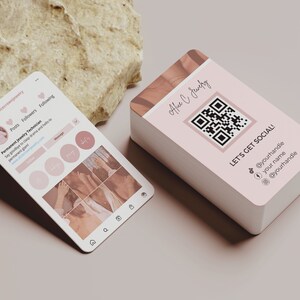 May include: A pink and white business card with a QR code and the text "Alice C Jewelry" and "Let's Get Social!" with social media handles.