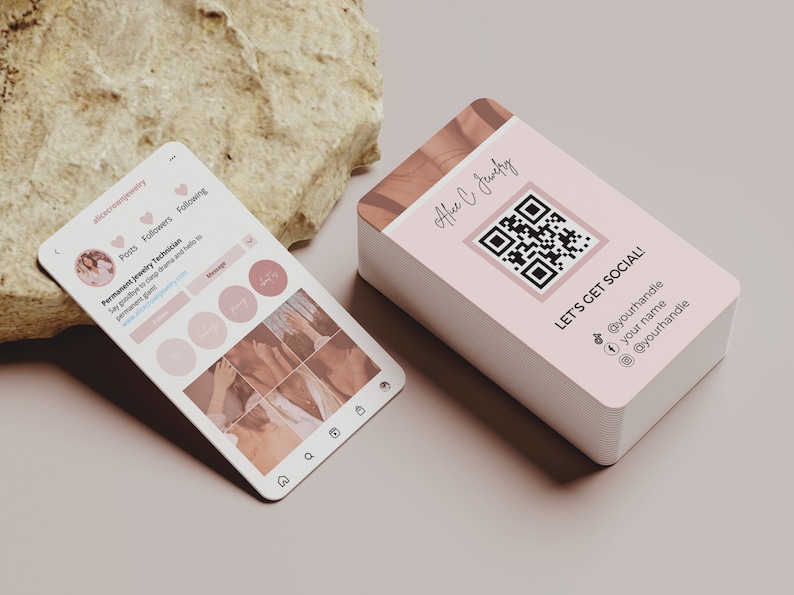 May include: A pink and white business card with a QR code and the text "Alice C Jewelry" and "Let's Get Social!" with social media handles.