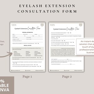 Puede incluir: Plantilla de formulario de consulta para extensiones de pesta&ntilde;as editable en Canva. El formulario incluye dos p&aacute;ginas con secciones para informaci&oacute;n personal, historial m&eacute;dico y consentimiento del cliente. El formulario est&aacute; dise&ntilde;ado para ser utilizado por t&eacute;cnicos de pesta&ntilde;as.