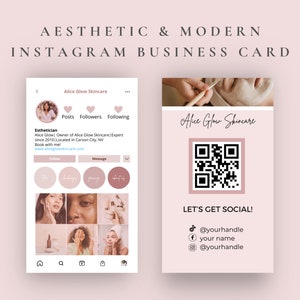 Puede incluir: Una tarjeta de visita de Instagram rosa y blanca para Alice Glow Skincare. La tarjeta presenta un c&oacute;digo QR, iconos de redes sociales y el texto "Let's Get Social!"  @yourhandle your name @yourhandle