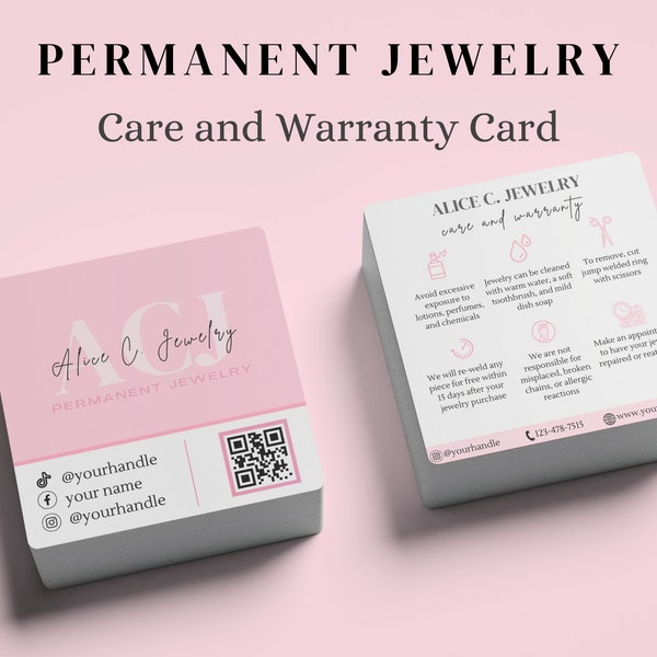 Pink Permanent Jewelry Care Card, Permanent Jewelry Warranty Card, Permanent Jewelry Business, Permanent Jewelry Care and Business Cards